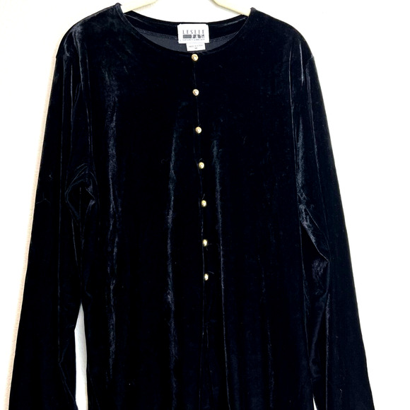 Vintage Leslie Fay Sportswear Womens Velvet Tunic Medium Black Button Front - Picture 1 of 6